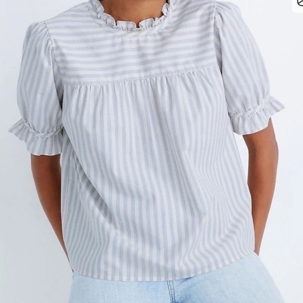 Madewell Light Blue Striped Ruffle Blouse